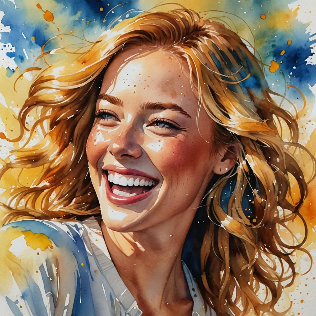 Radiant Beauty Laughing: Watercolor Golden Hour Portrait