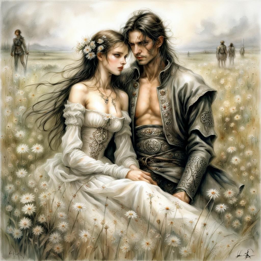 Romantic Couple Amidst Flowers in Erotic Fantasy Art