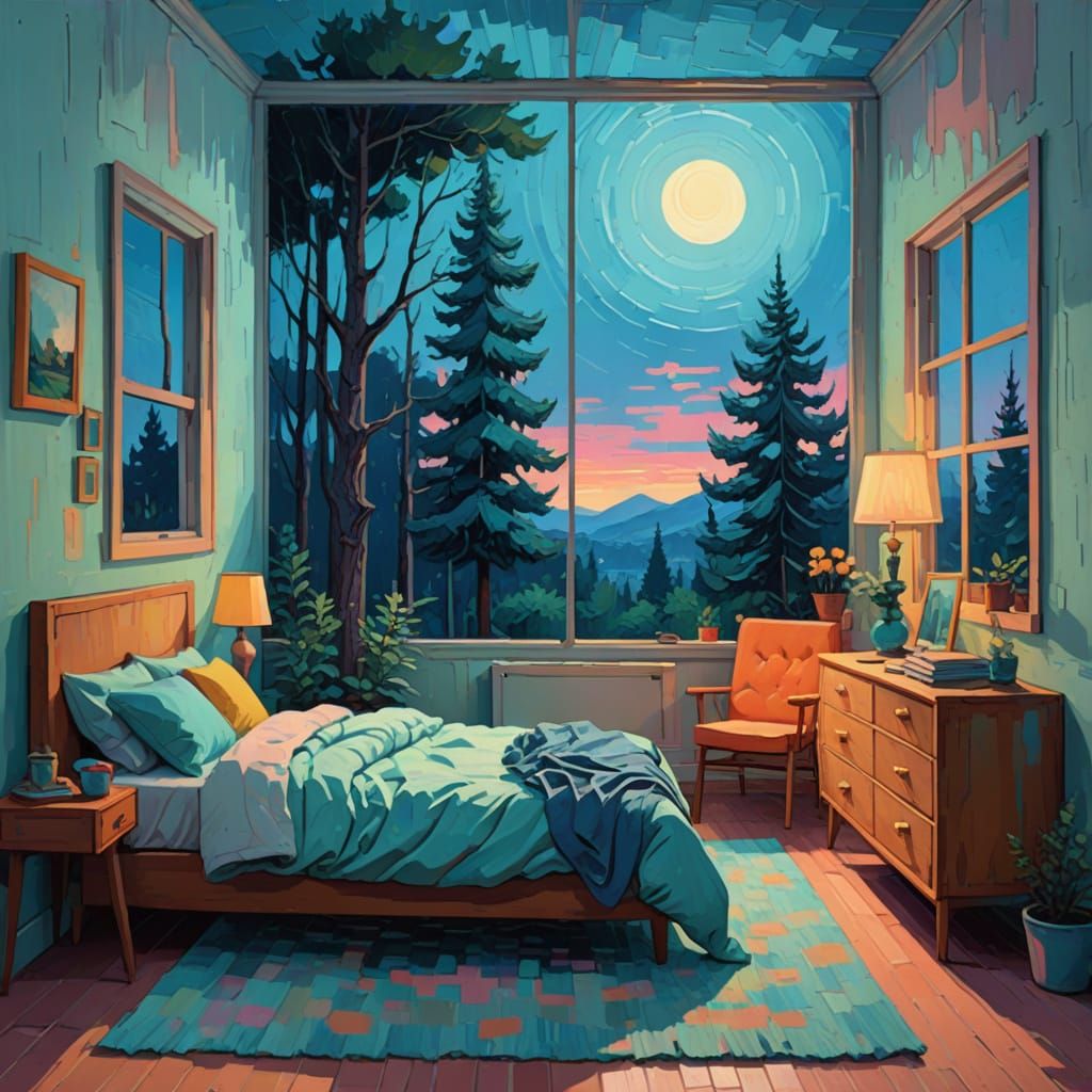 Soft Moonlit Night in a Minimalist Bedroom, Expressionist Oi...