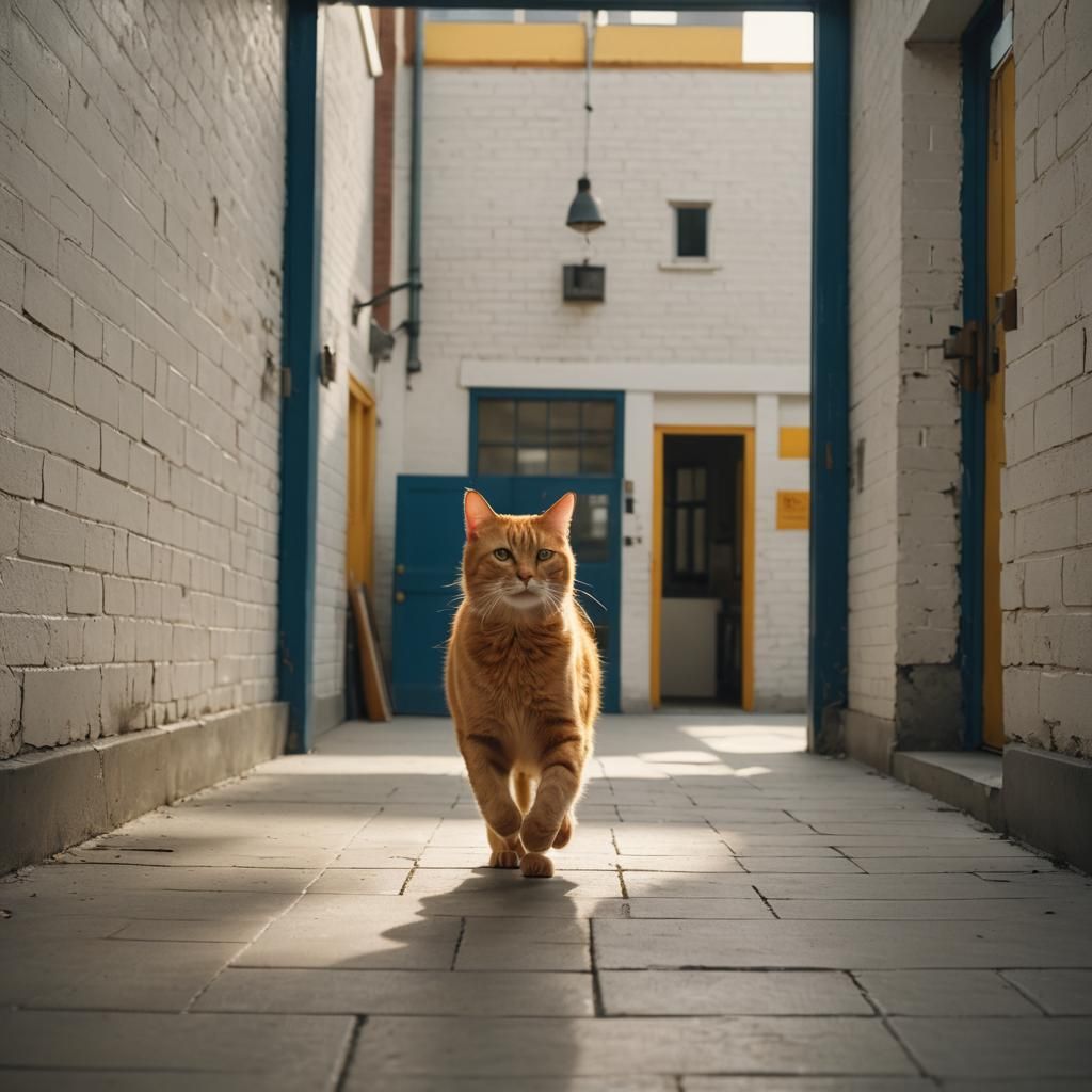 Orange Cat Runs Through School: Cinematic Film Still