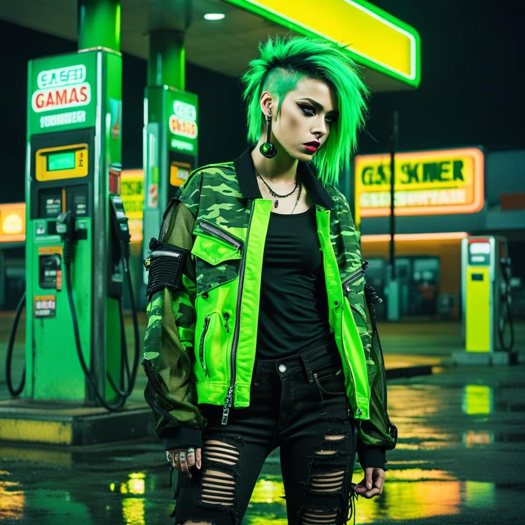 Cyber-Grunge Woman in Neon-Lit Gas Station
