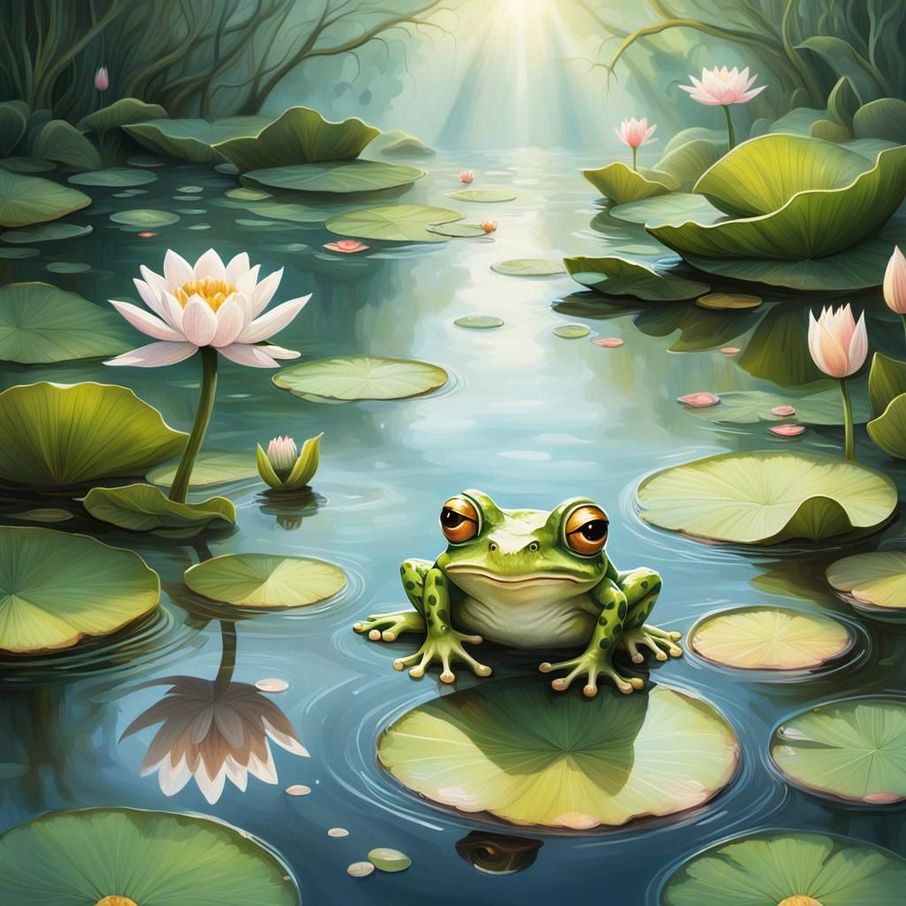 Whimsical Frog in Pond, Ethereal Oil Painting