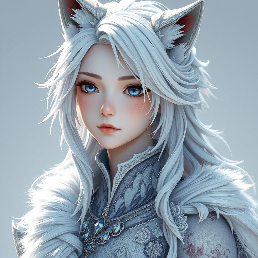 Wolf-Eared Woman with Diamond Eyes in 3D Anime Style