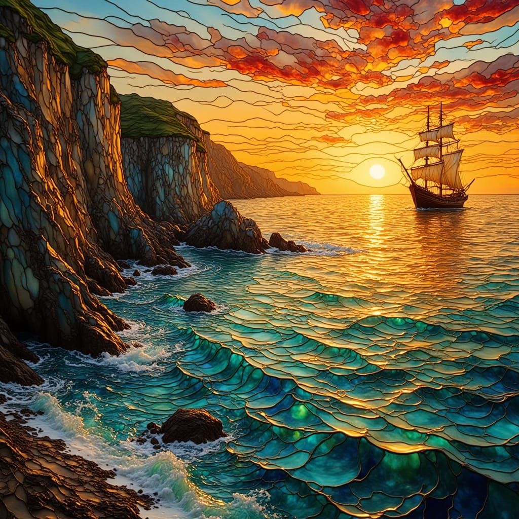 Viking Ship Sails on Stained Glass Ocean