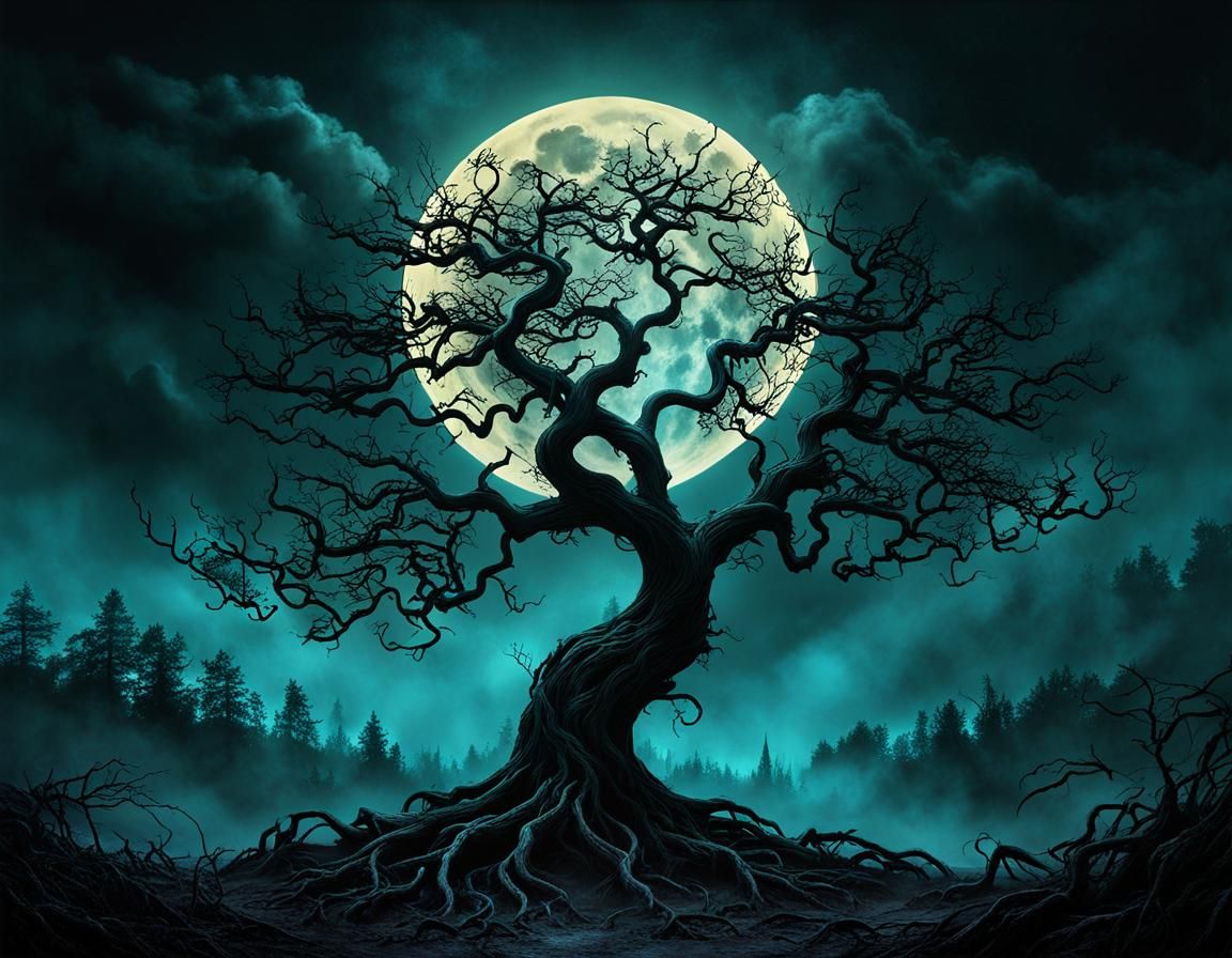 Spooky Gothic Moon in Foggy Summer Landscape