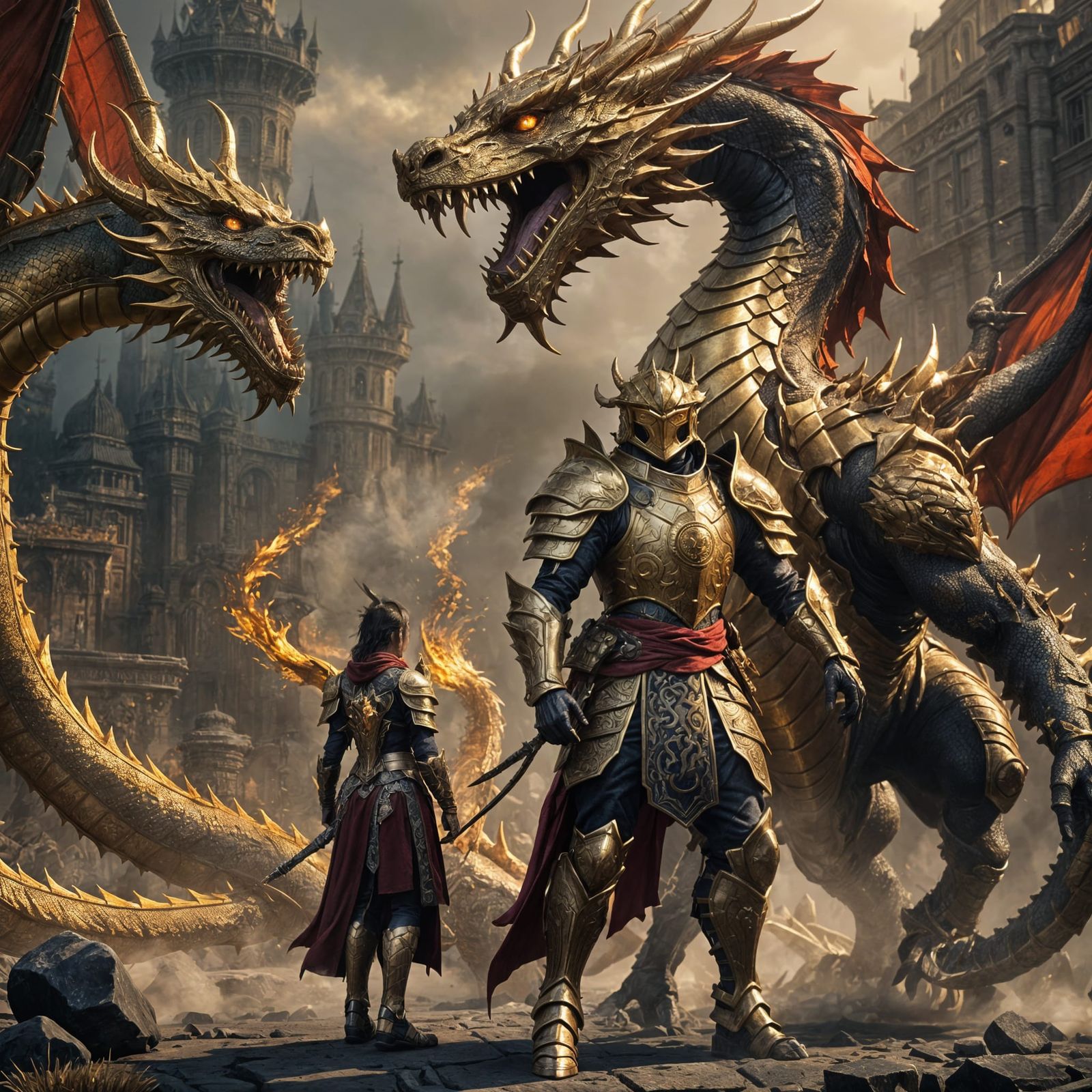 Golden Dragon and Armored Soldier Fantasy Art