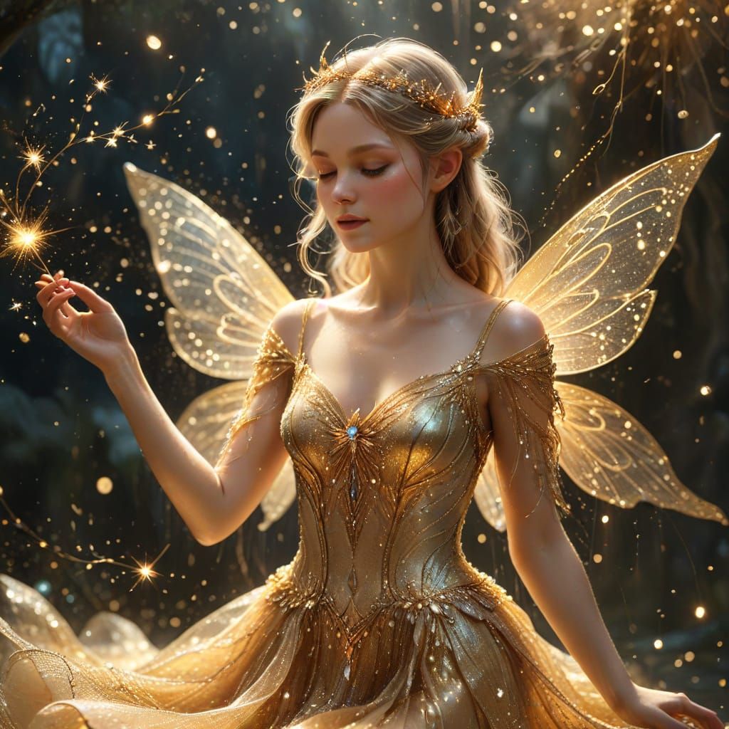 Sparkling Fairy in Gold Gown Fantasy Art