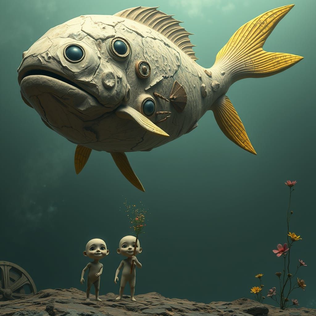 Cybernetic Aquatic Being in Surreal Scene