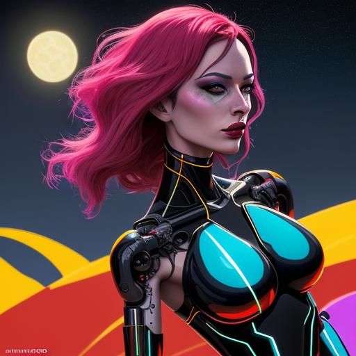 Cyborg Woman Exploring Planet in Surreal Sci-Fi Art