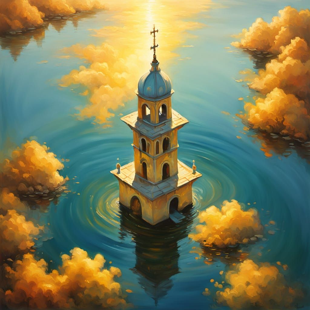 Surreal Bell Tower Sinking in Golden Light