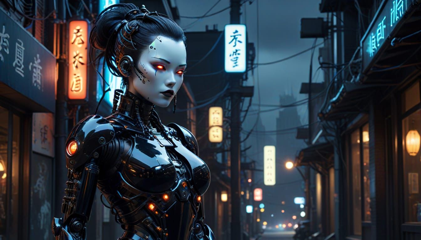 Gothic Bio-Mech Gynoid in Cyberpunk Cityscape