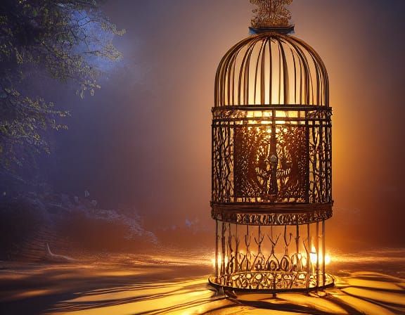 Ornate Golden Birdcage in Sunlit Room