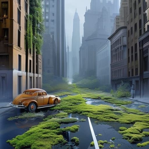 Flowers Bloom in Street Crack: Watercolor Cityscape