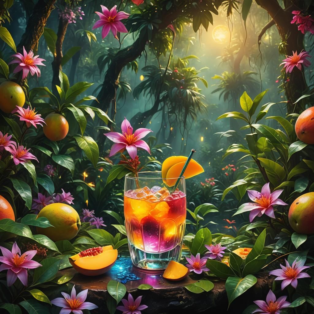 Juicy Mango in Sparkling Drink, Oil Painting
