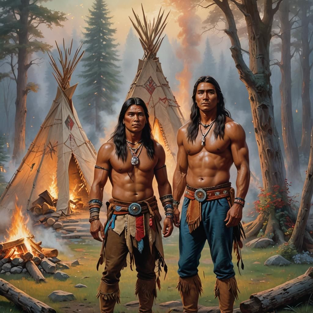 Native American Man by Bonfire, Kinkade Style