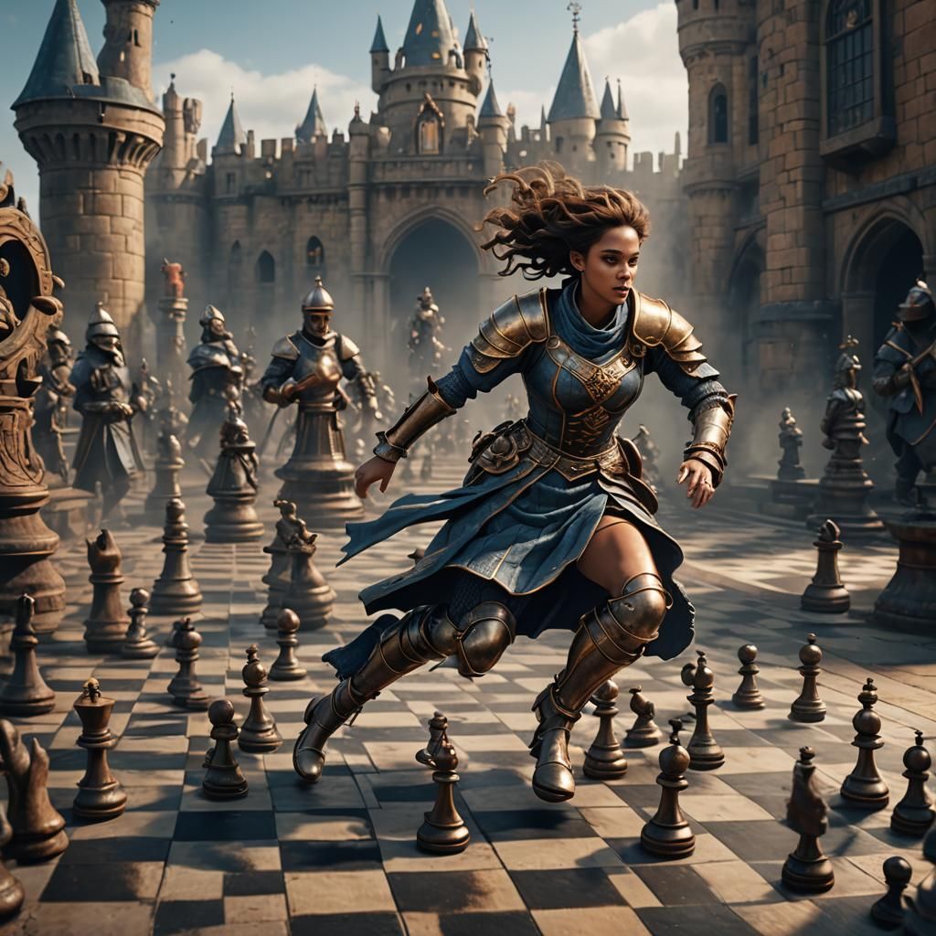 Woman's Perilous Escape Across Chessboard in Fantasy Art