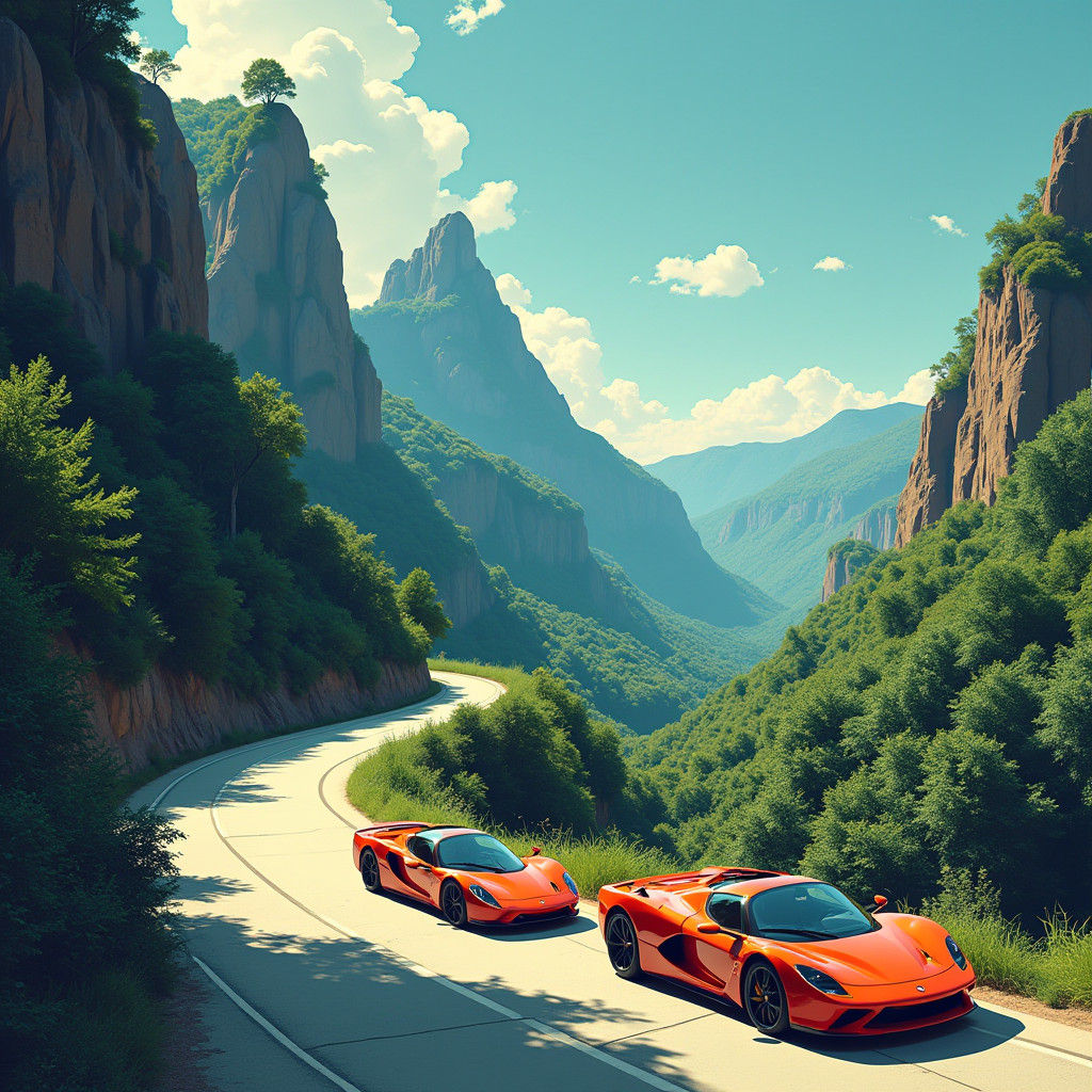 Sports Cars on Mountain Road in Photorealistic Style