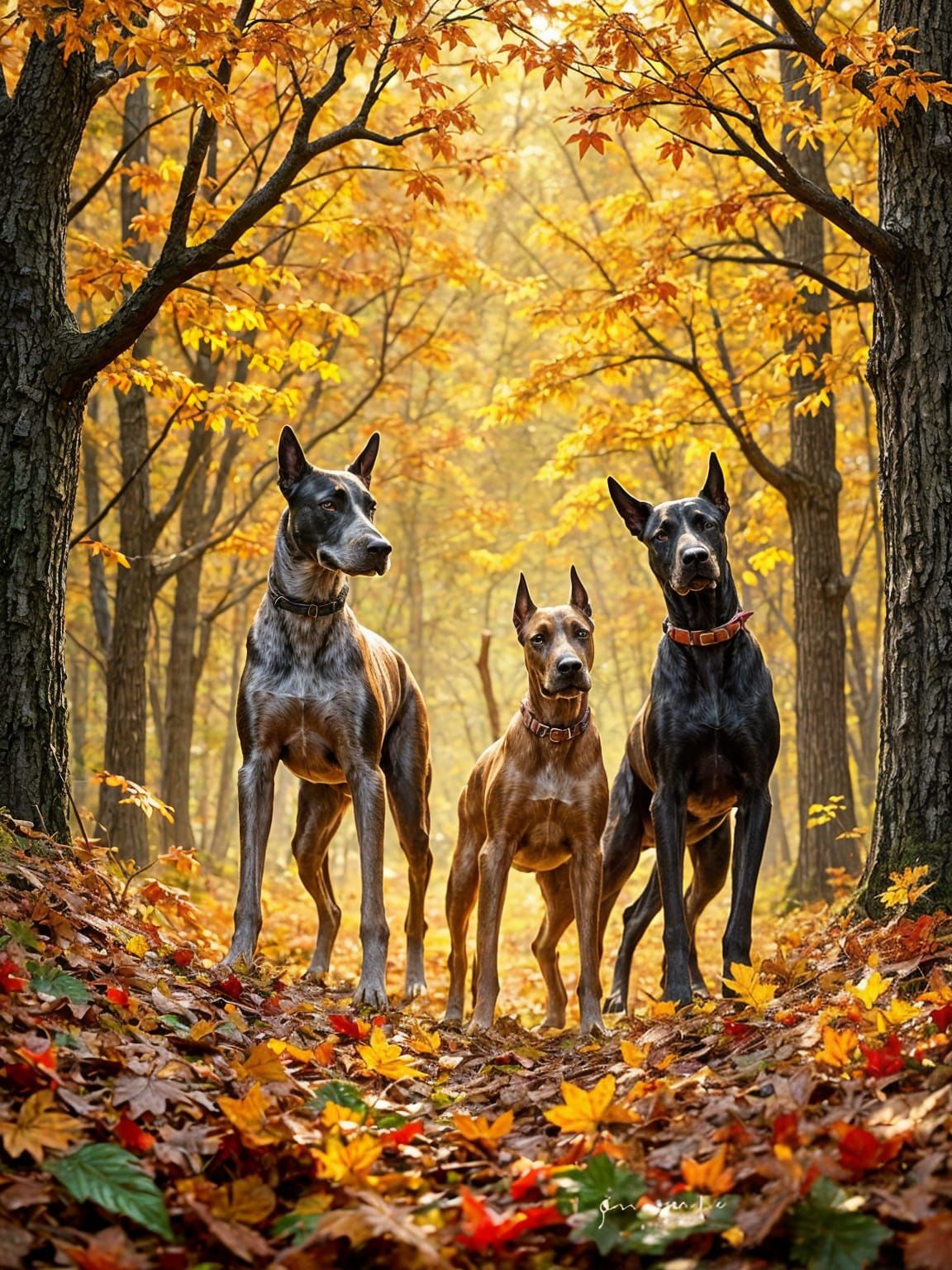 Great Danes in Autumn Forest Textile Art