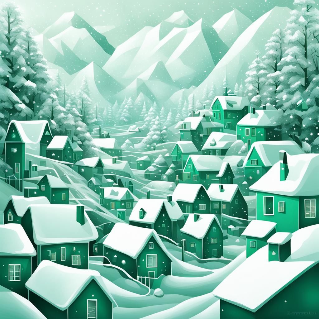 Futuristic Village Under Snow in Emerald and White