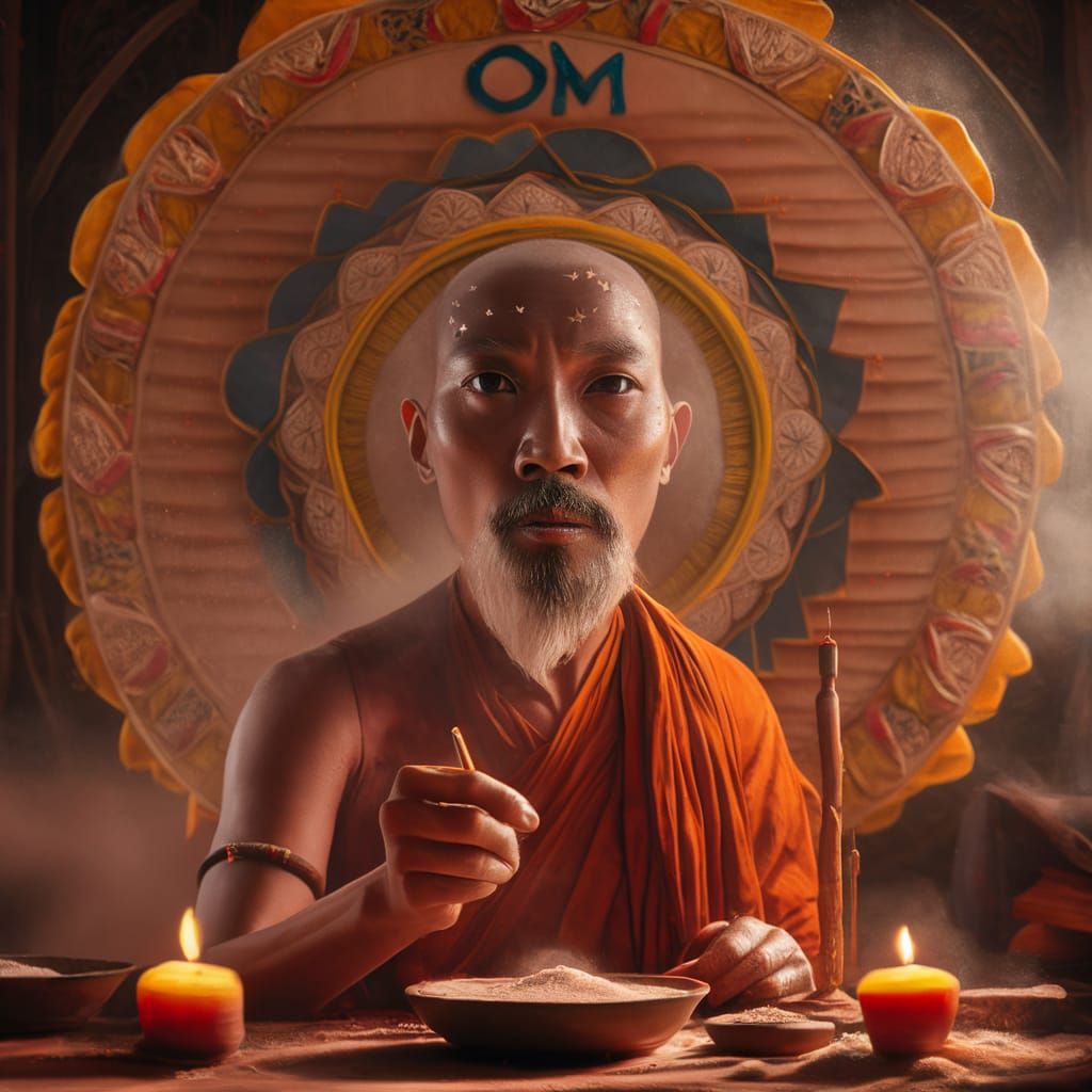 Tibetan Monk Creates Mandala Art in Amber Light