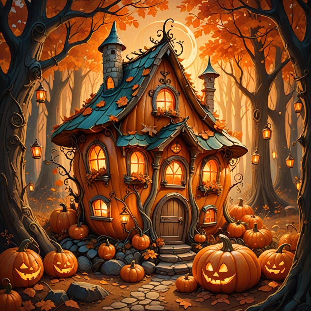 Whimsical Pumpkin Fairy House in Autumn Woods