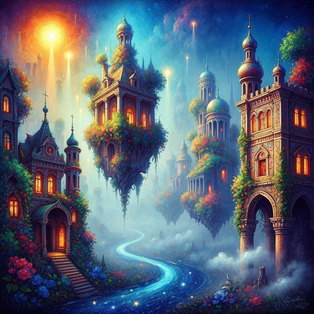 Surreal Mist City with Stardust River Oil Painting