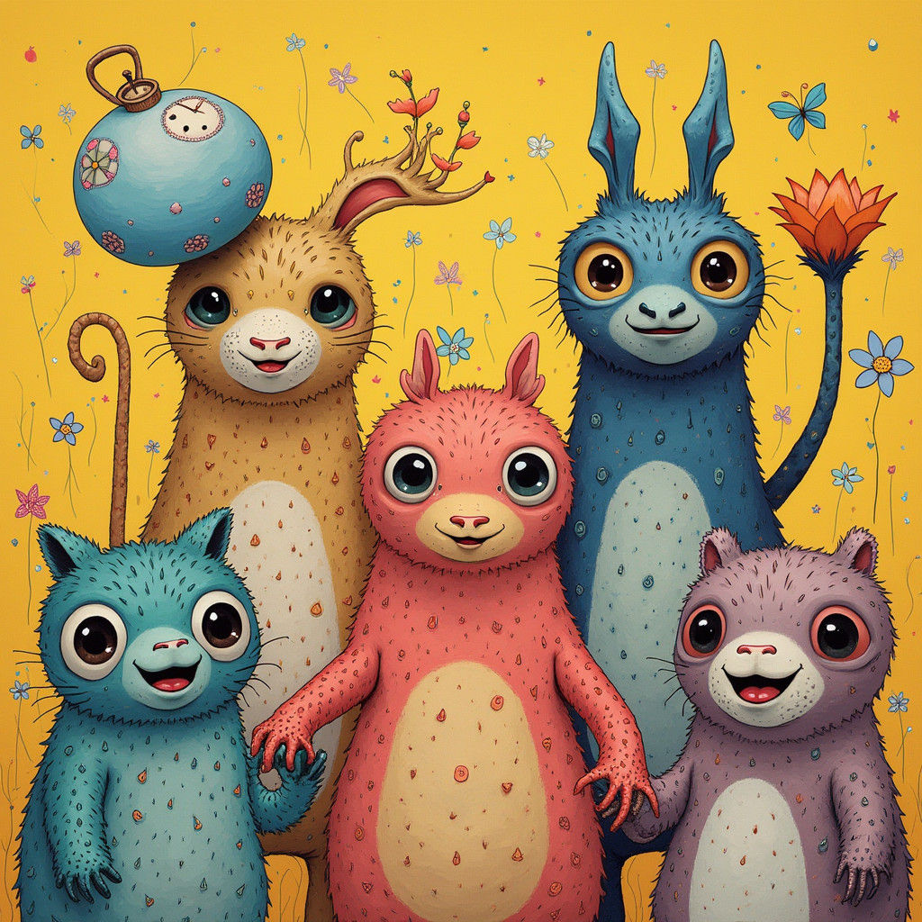 Whimsical Cartoon Creatures in Pop Art Style