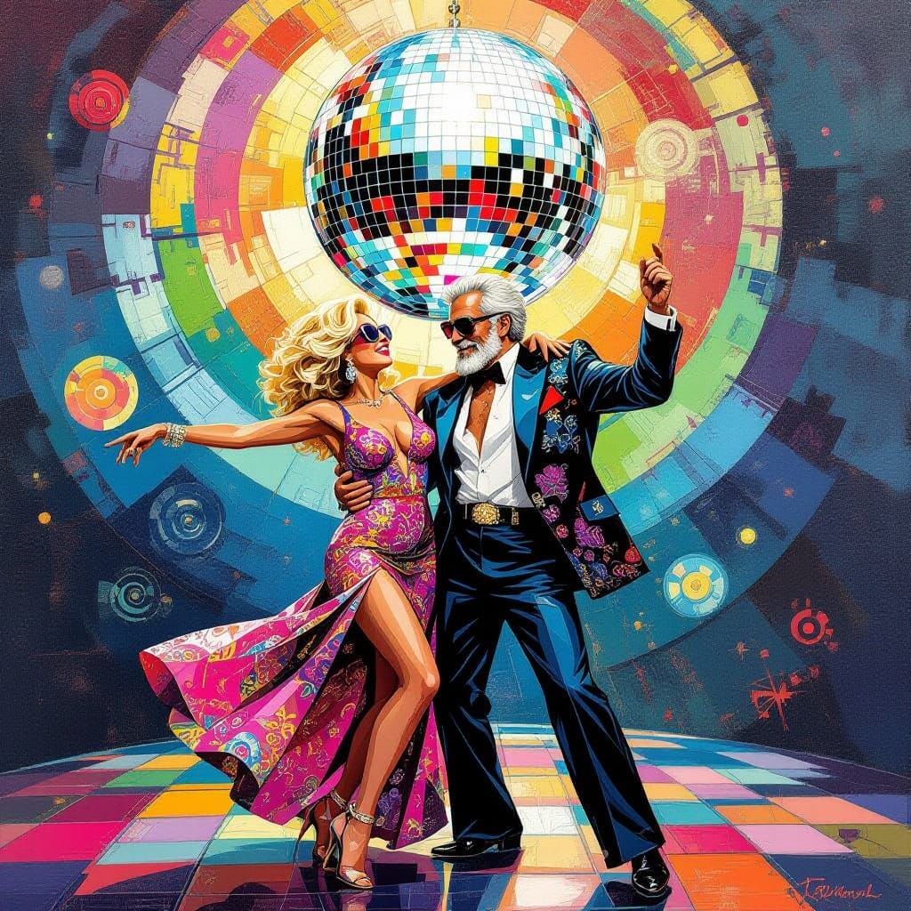 Disco Dancing Couple Under Disco Ball, Abstract Art