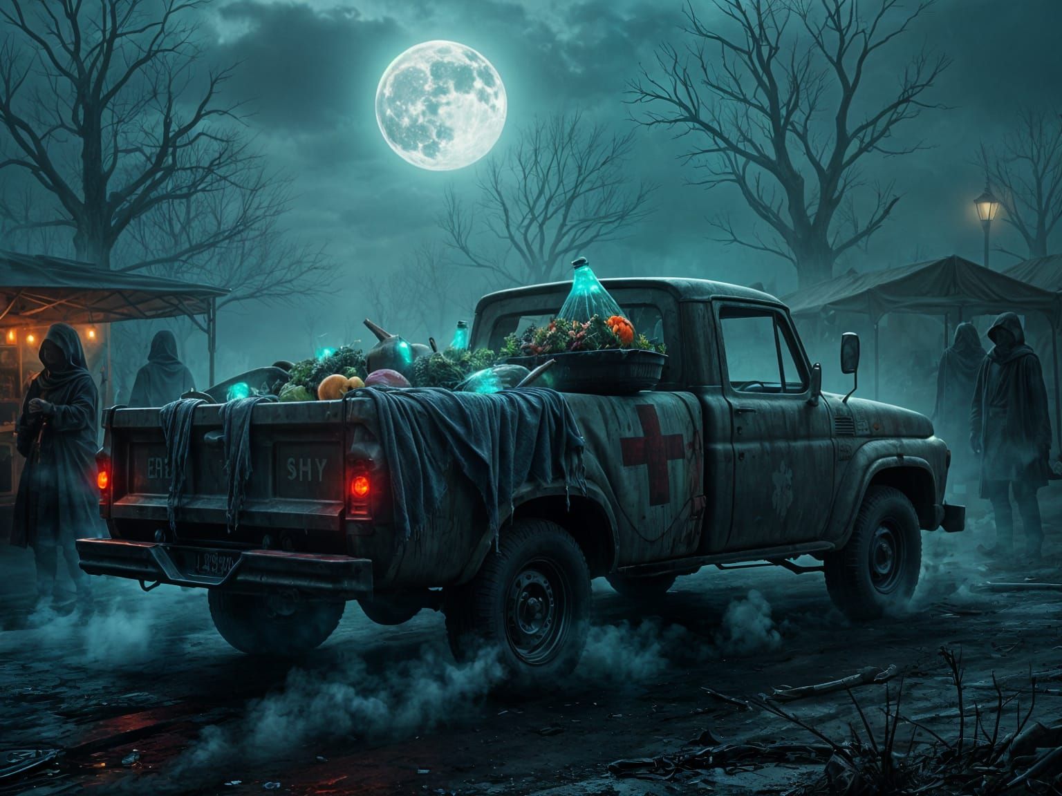 Gothic Pickup Truck in a Moonlit Market