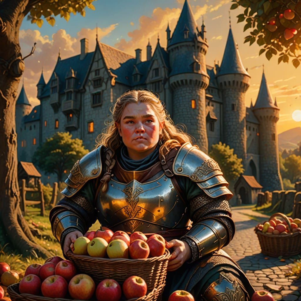 Dwarf Woman in Armor at Sunset, Hyperrealistic Art