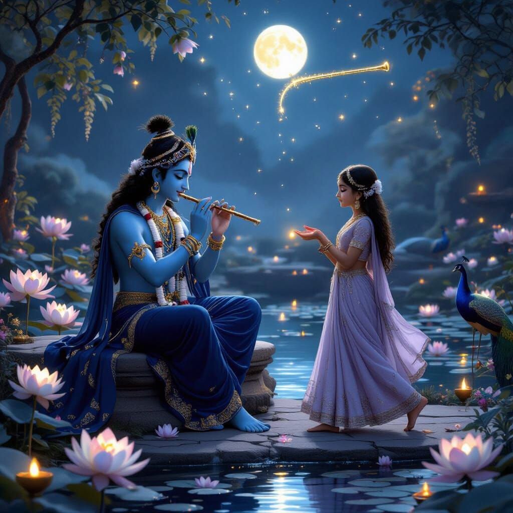 Krishna and Girl in Moonlit Garden, Fantasy Realism