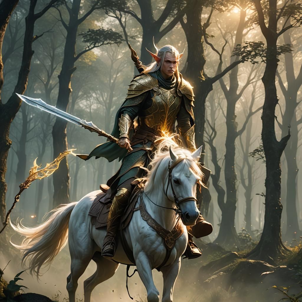 Elven Rider Charging Through Misty Forest