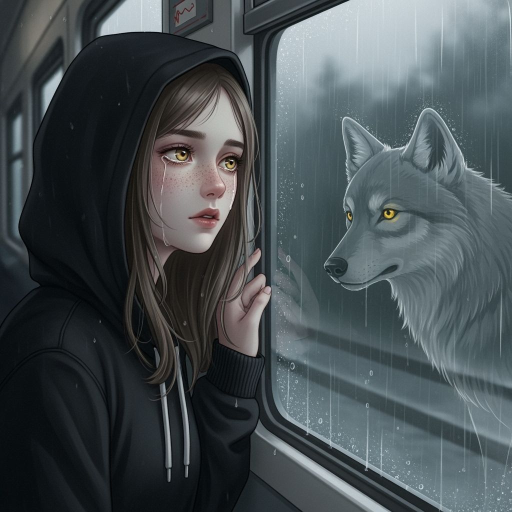 Melancholic Girl and Spectral Wolf in Rainy Window