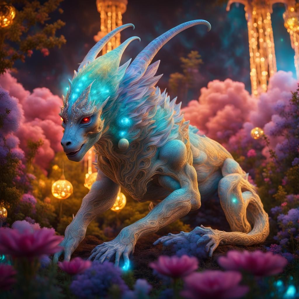 Bioluminescent Alien Chimera in Crystal Garden