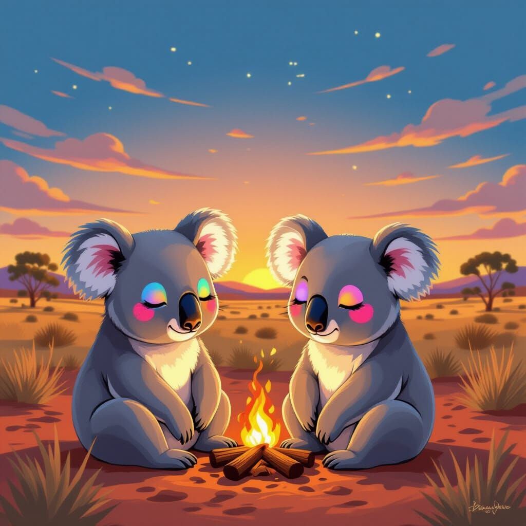 Whimsical Koalas with Colorful Eyeshadow in Outback Twilight