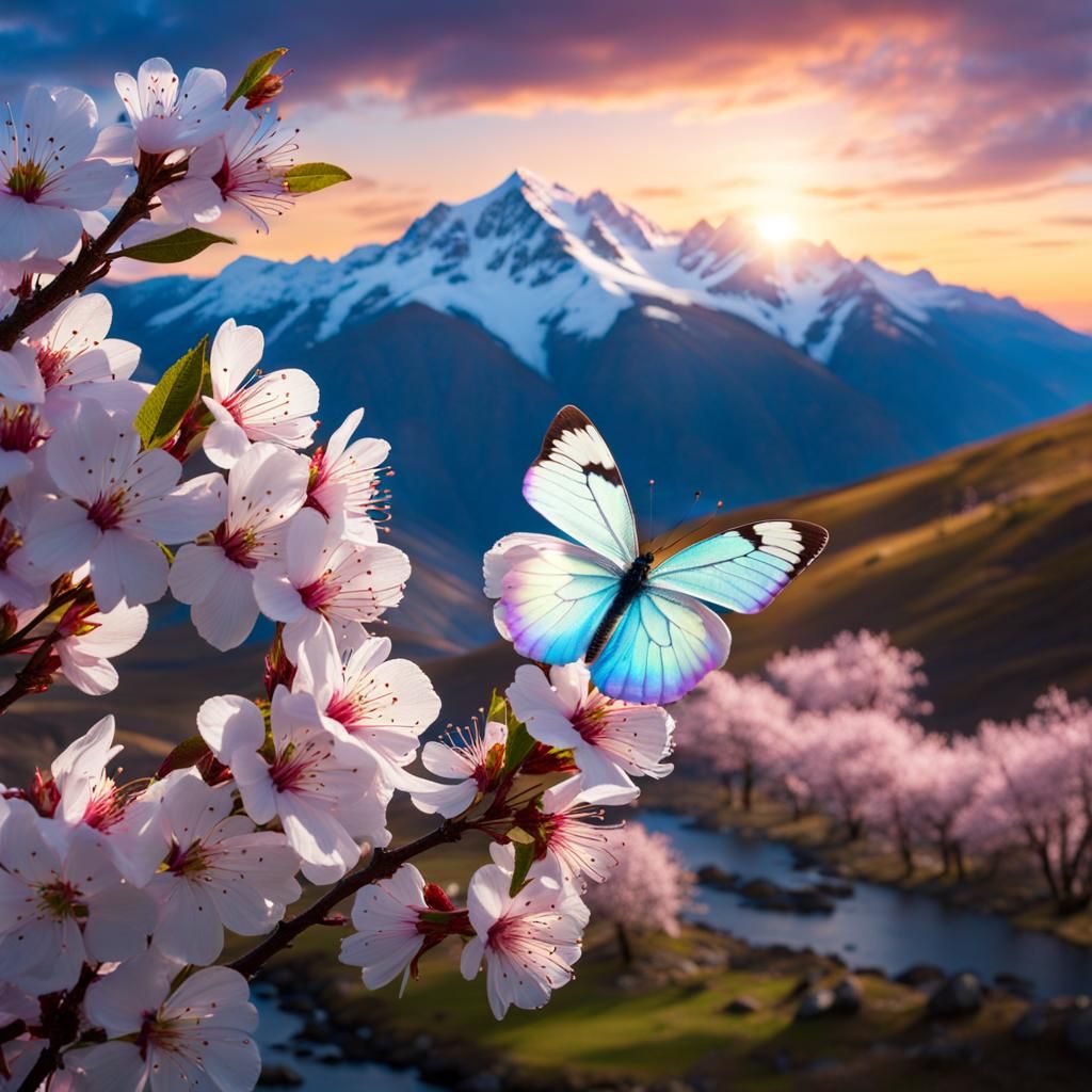 Iridescent Butterfly and Cherry Blossoms at Sunset