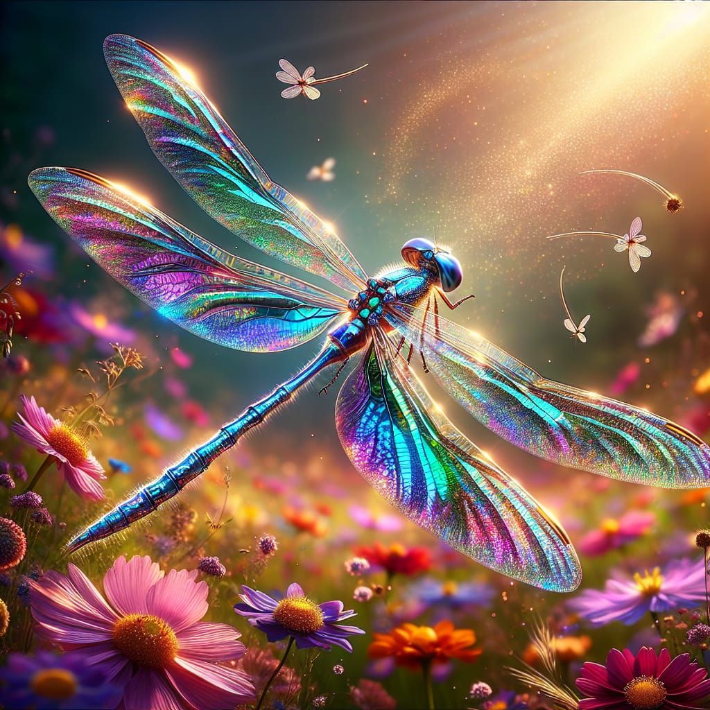 Iridescent Dragonfly in a Blooming Meadow
