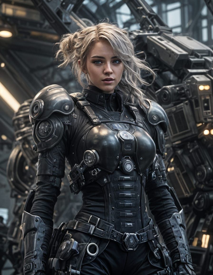 Sci-Fi Goth Pilot on Mech: Detailed 8k Portrait