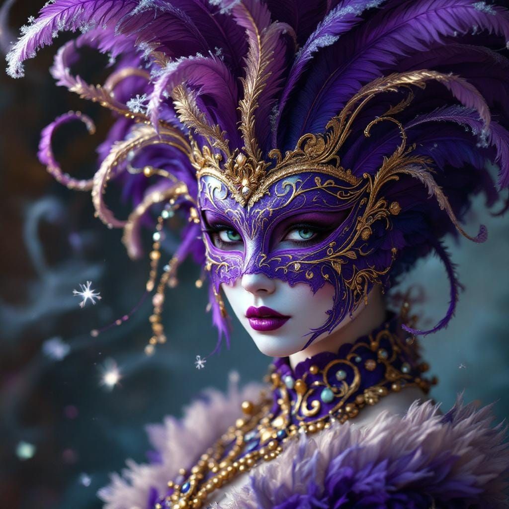 Venetian Masquerade Woman with Violet and Gold Mask