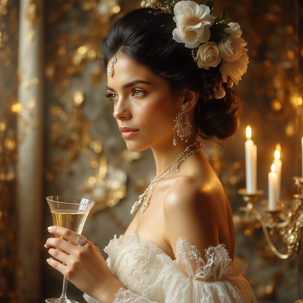 Victorian Beauty with Champagne in Dark Oil Painting Style