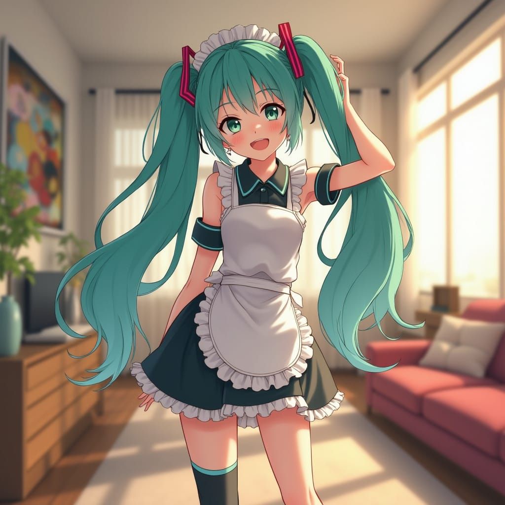 Surreal Japanese Maid Girl in Modern Living Room