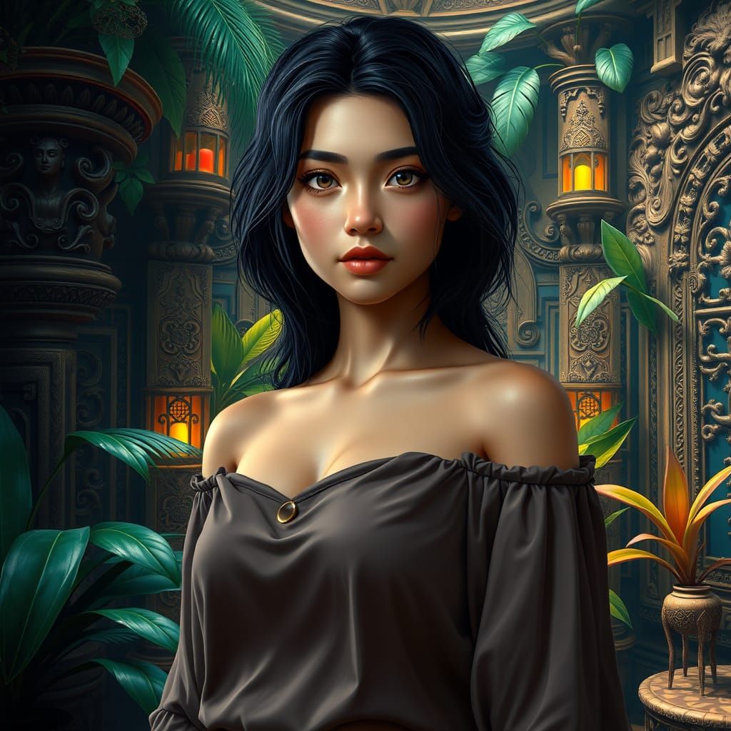 A young woman with dark hair and a soft expression stands in an ornate, tropical setting filled with lush plants and int...