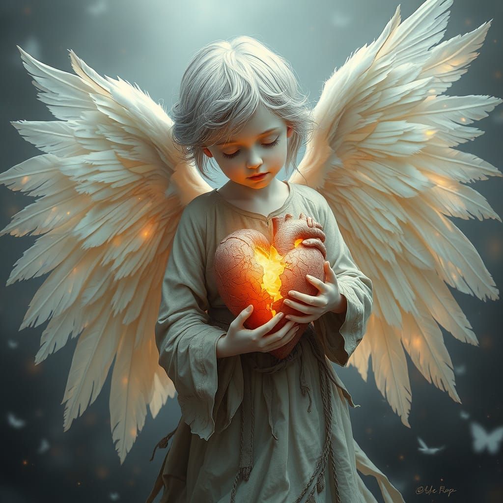 Angel Cradling Shattered Heart in Dreamlike Atmosphere