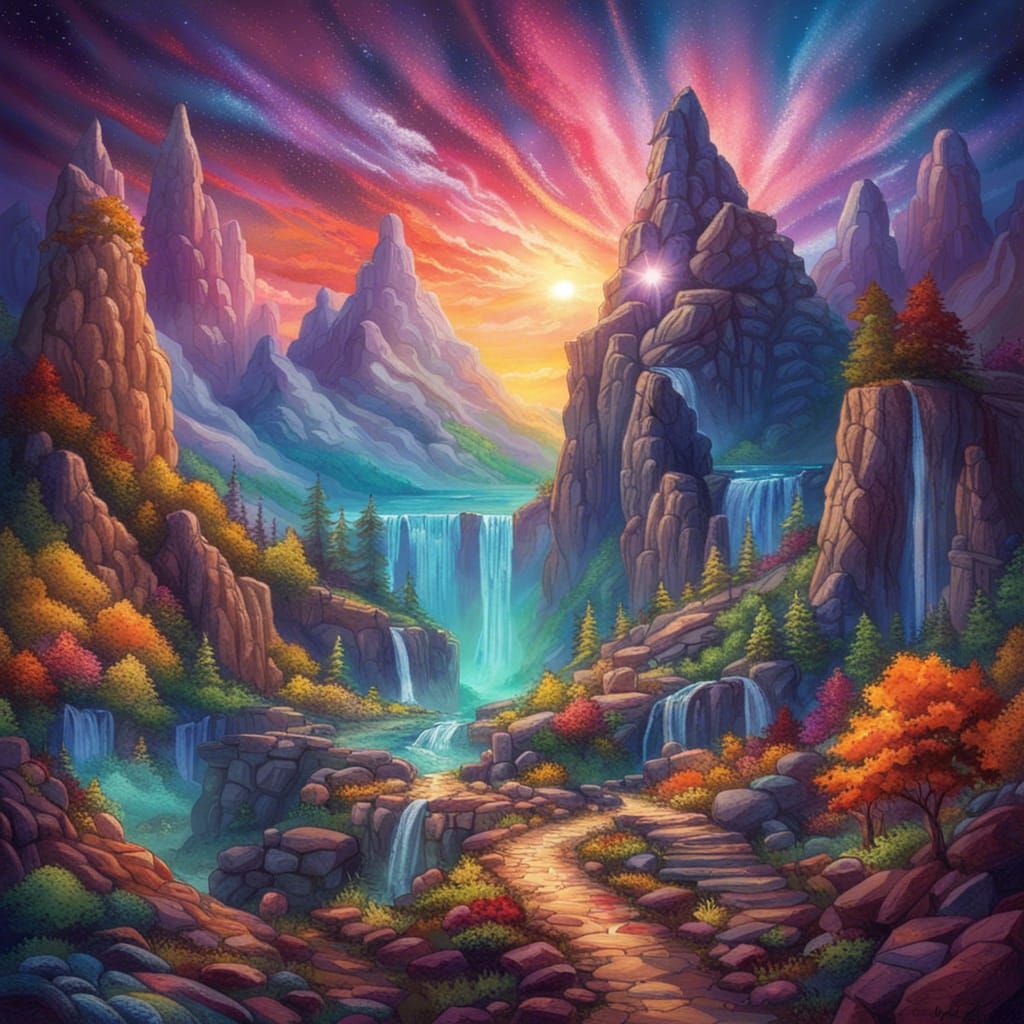 Mountain Village Waterfall: Colorful Oil Painting