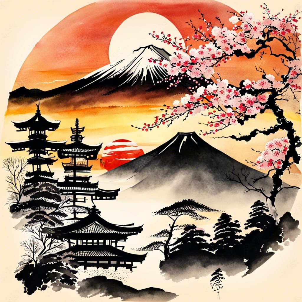 Fuji Mountain Sumi-e Painting with Sakura and Sunset