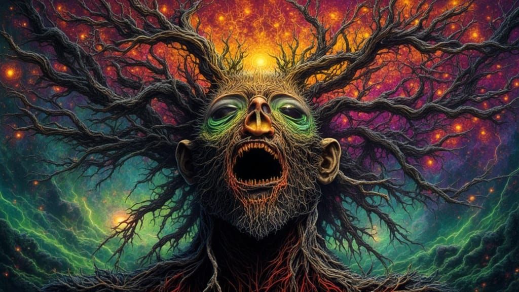 Fractal Faced Cyborg with Rainbow Moss in Dark Fantasy Style