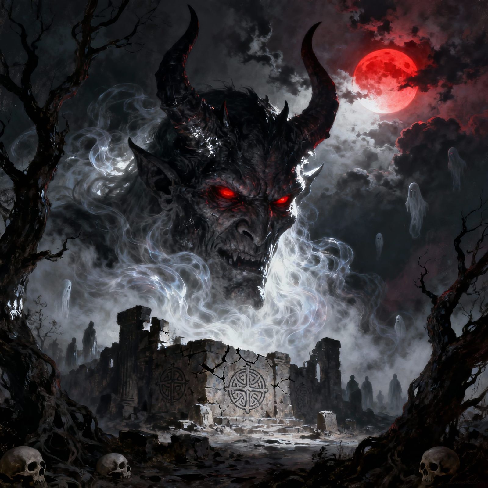 Giant Demon Face in Ethereal Mist