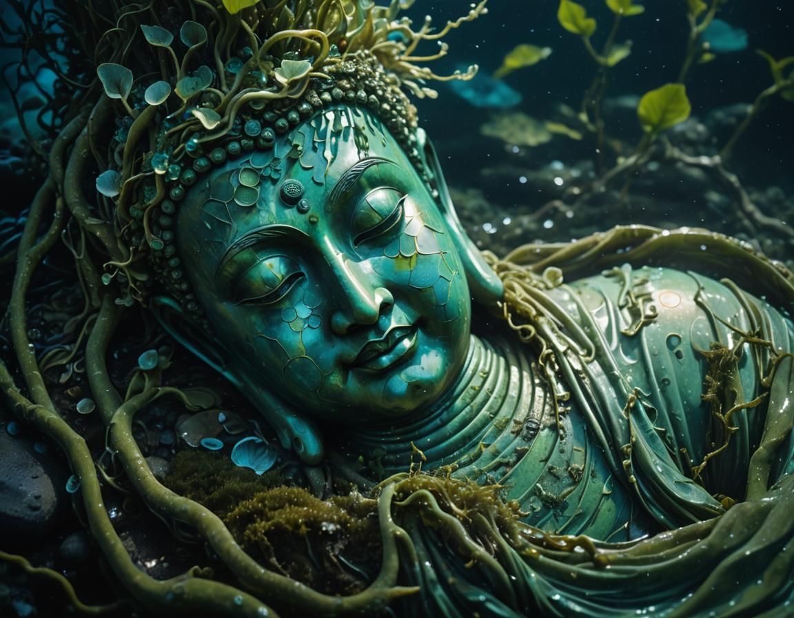 Underwater Buddha with Bioluminescent Organisms in Surrealis...