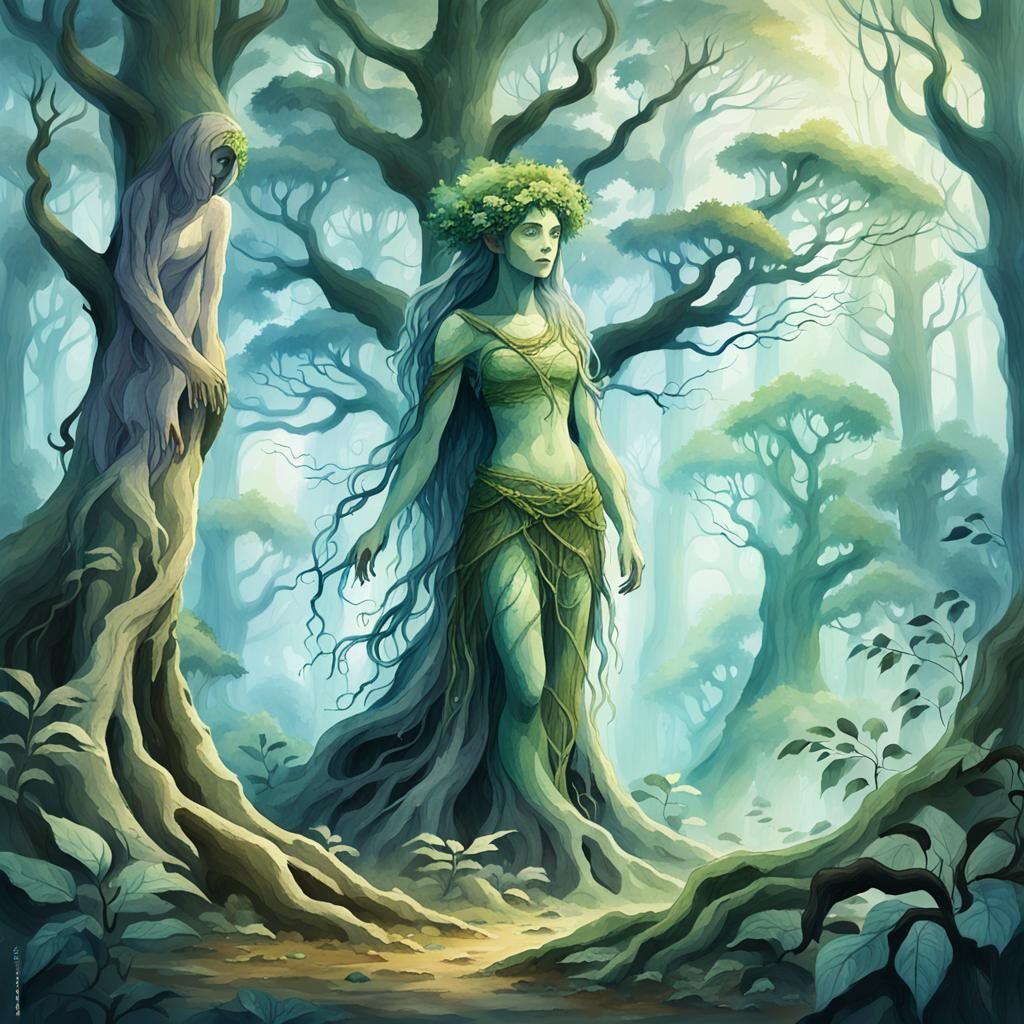 Dryad in Misty Forest: Watercolor Fantasy Landscape