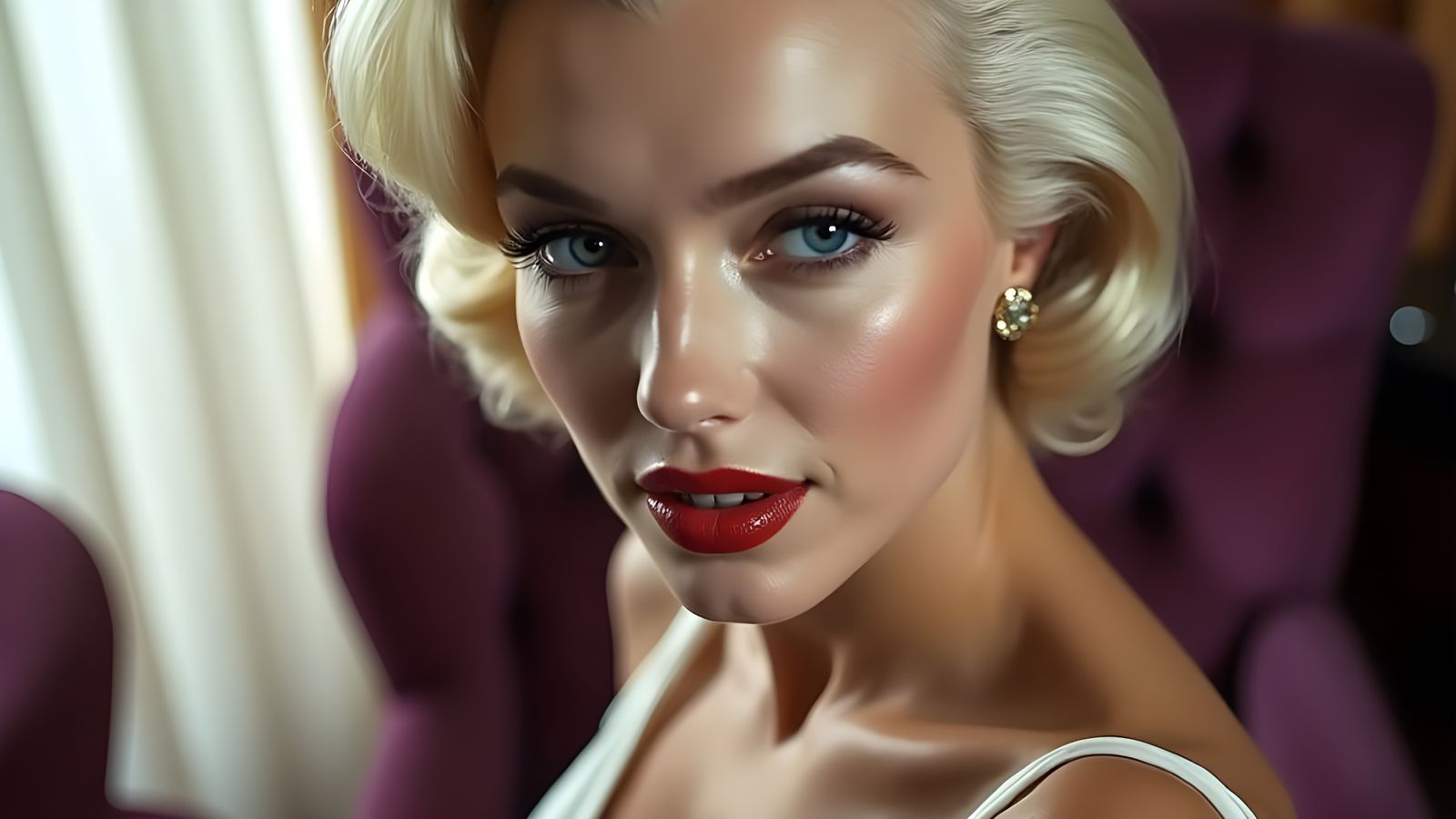 Extreme macro close-up photograph of Marilyn Monroe's heart-shaped face, slightly tilted, with luminous natural skin.